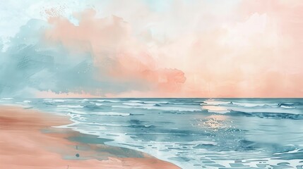 Dreamy watercolor view of the shore seen from a beachfront, with waves lapping quietly at the sand under a pastel sky
