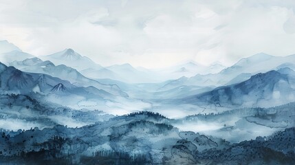 Obraz premium Ethereal watercolor depicting a misty valley with distant mountains, the muted colors fostering a sense of deep relaxation