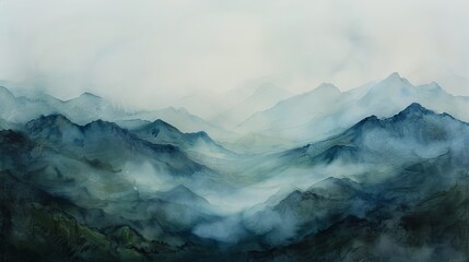 Ethereal watercolor depicting a misty valley with distant mountains, the muted colors fostering a sense of deep relaxation