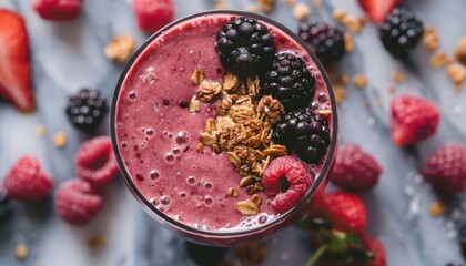Granola topping on a fresh smoothie made with mixed berries
