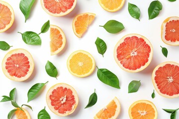 Grapefruit slices with leaves on white background top view