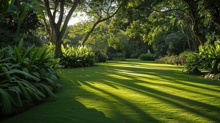 Within a botanical garden, verdant lawns