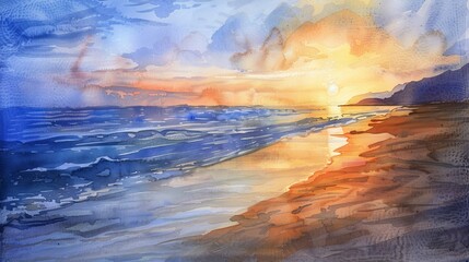 Gentle watercolor depiction of a calm beach at sunset, soothing tones of blue and orange creating a comforting atmosphere in the clinic