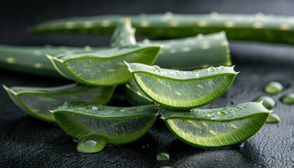 Close up of lush aloe vera leaves with glistening moisture droplets, vibrant green beauty