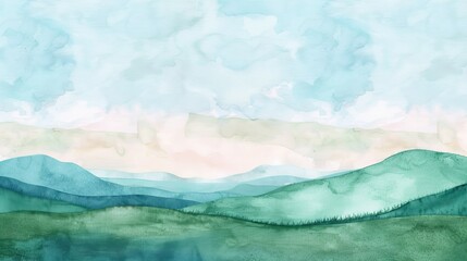 Gentle watercolor depiction of rolling hills under a pastel sky, designed to promote relaxation and comfort in a medical environment