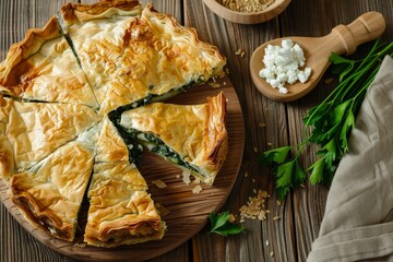 Greek spanakopita pie with organic cheese on wooden board Top view
