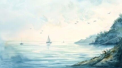 Naklejka premium Gentle watercolor of a coastal view with distant sailboats, the horizon blending seamlessly into the sky, calming and subtle