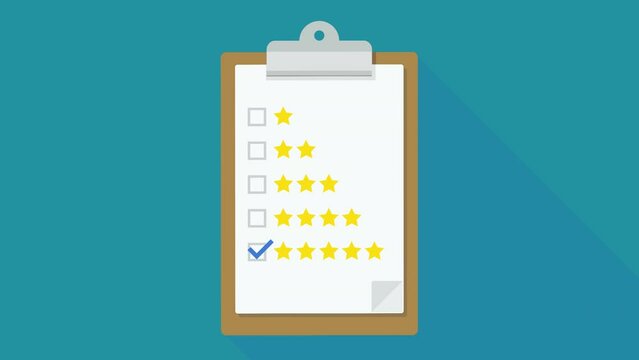 Appearance of a clipboard with a sheet of rating paper on which the checkbox in front of 5 stars is checked on a blue background with long shadow in flat design style