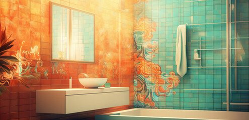 Modern bathroom with tub, sink, and mirror