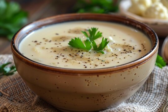 Jerusalem artichoke and cauliflower soup in a ceramic bowl vegan