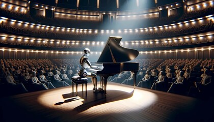 A person is seated at a piano on a stage, playing music in front of a group of people. The audience...