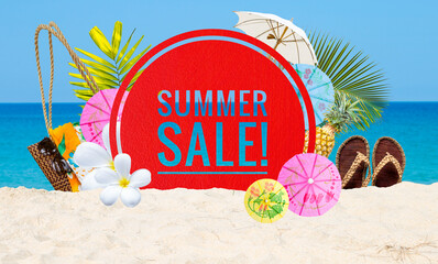 Summer sale banner on tropical beach, business concept