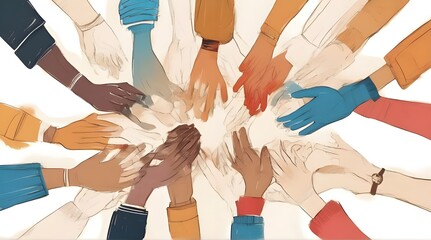 Illustration of diverse group of people holding hands. Unity, community, and mutual support. generative.ai