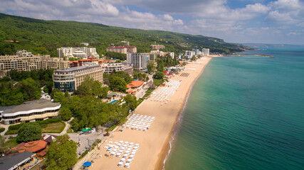 Aerial view of the beach and hotels in Golden Sands, Zlatni Piasaci. Popular summer resort near Varna, Bulgaria - obrazy, fototapety, plakaty