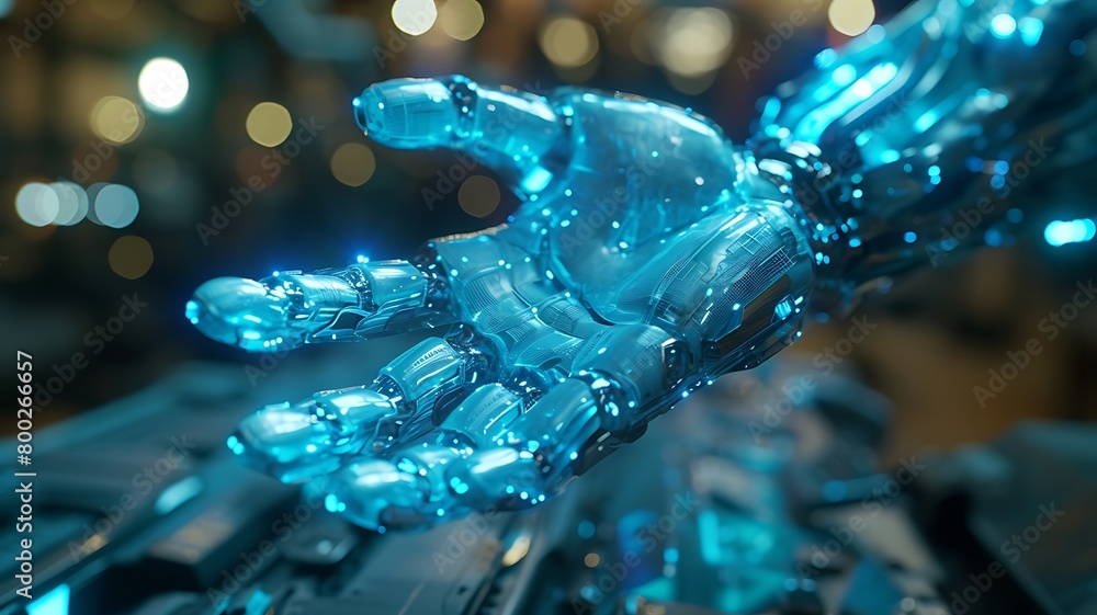 Poster a concept of human collaboration with technology. a digital holographic hand entering into data stre