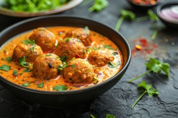 Malai Kofta Curry served in black bowl on dark slate background Includes potato and paneer cheese balls in onion tomato gravy From Indian cuisine