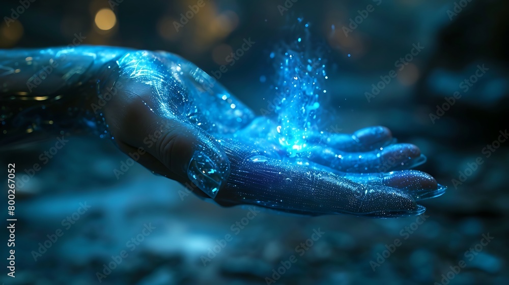 Poster a concept of human collaboration with technology. a digital holographic hand entering into data stre