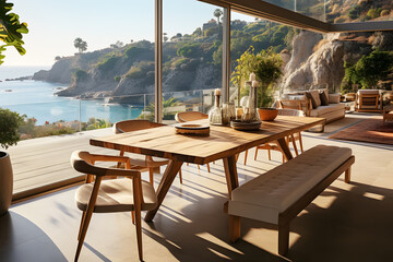 Obraz premium Brown wooden reception table and chairs in living room in morning bright cloud sky. Landscape beach resort alfresco cafe or bar with sea and swimming pool. Modern interior decoration.