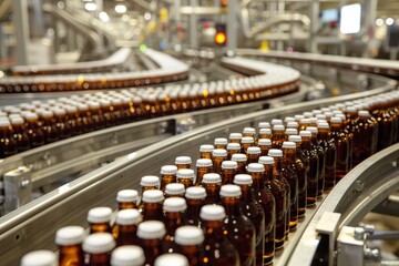 Many bottles moving on factory conveyor belt