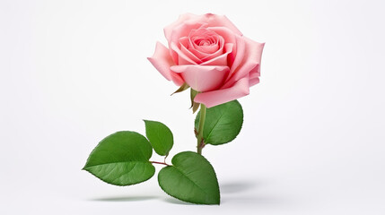 Fototapeta premium An isolated pink rose with green leaves on a white background