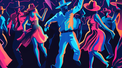 Neon, brightly colored country-western dancers