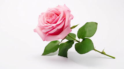 An isolated pink rose with green leaves on a white background
