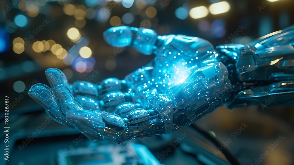 Poster a digital holographic hand entering into data streams. a concept of human collaboration with technol