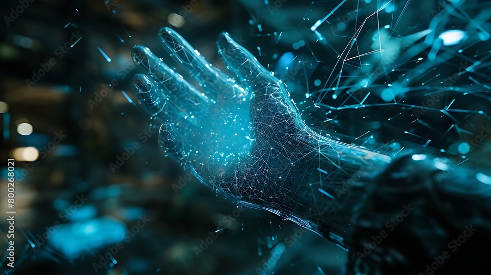 Poster a digital holographic hand entering into data streams. a concept of human collaboration with technol