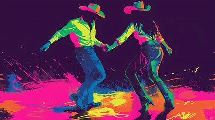 Neon, brightly colored country-western dancers