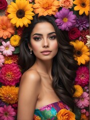 colorful flowers background close-up portrait of hispanic mexican beautiful woman from Generative AI