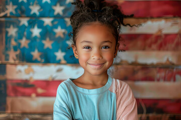Cute little African American girl stands against the background of the US American flag on July 4th USA independence day. Portrait of a happy and proud child