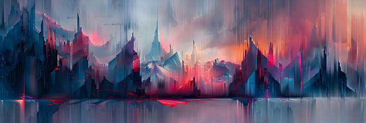 An image of sharp, angular structures mimicking a city skyline at dusk with a color palette of muted pinks and blues, rendered in a geometric abstract style, captured with HD clarity