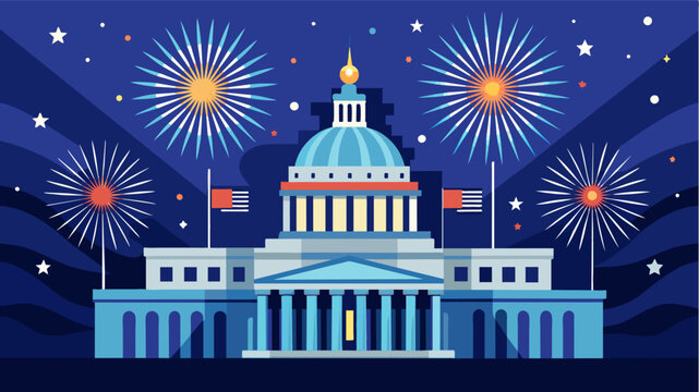 The grand pillars of the Capitol Building stand as a backdrop to the mesmerizing display of bursting fireworks in the night sky.. Vector illustration