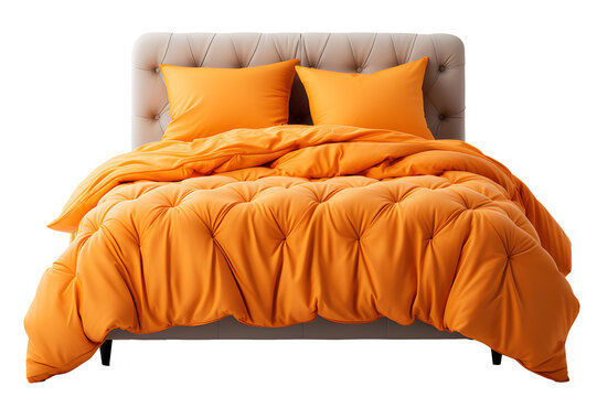 Wooden brown bed comfortable modern brown with yellow pillow and blanket isolated on transparent background or cut out PNG. Realistic clipart template pattern. Use for modern bedroom.