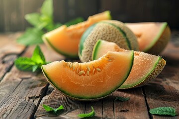 Melon slices on wood table
