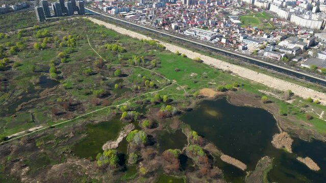 High angle drone shot of Vacaresti Nature Park in Bucharest. Natural reserve in the middle of the capital city of Romania. Swamp, bird's nests and paths for hiking and nature exploration.

