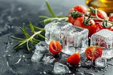 Melting ice cubes with tomatoes oil and rosemary on a table