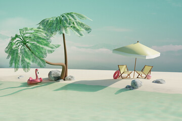 Empty summer tropical beach with coconut palms, beach chairs, umbrella and sun accessories. Summer travel concept. 3d render. Front view - 800269412