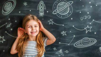Child's imagination brought to life with a whimsical space-themed chalk mural, embodying curiosity and the joy of learning