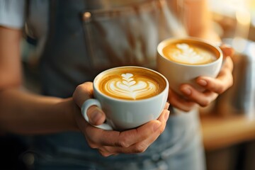 Barista demonstrates hospitality and coffee expertise through cappuccino with latte art. Concept Hospitality, Coffee Expertise, Cappuccino, Latte Art