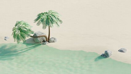 Empty summer tropical beach with coconut palms and stones. Summer travel concept. 3d render. Front view - 800269496