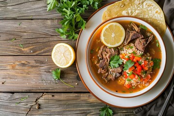 Mexican beef rib broth with vegetables lemon slices rice tortillas on wooden table dark food photo