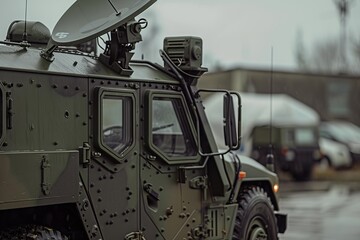 Military vehicle with satellite dish locator for intercepting radio signals