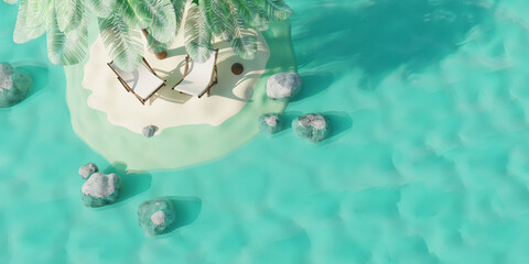 Summer tropical island with coconut palms and beach chairs in ocean. Summer travel concept. 3d render. Top view - 800269861