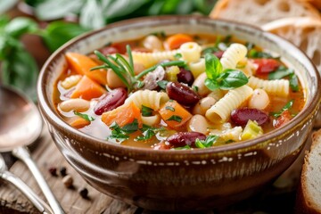 Minestrone soup with pasta beans veggies crispy bread