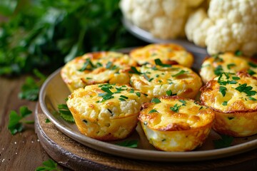 Fototapeta premium Mini Cauliflower Cheese Egg Muffins on plate with background of whole cauliflower and parsley Selective focus horizontal