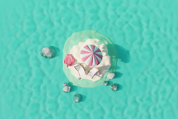 Summer tropical island with beach chairs, umbrellas and sun accessories in ocean. Summer travel concept. 3d render. Top view