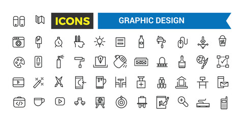 Set Of Thin Line Icons Of Graphic Design, Icons In A Modern Style Flat, Creative Process, Graphic Design, Creative Package, Stationary, Software, Vector Illustration