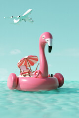 Summer tropical island with beach chairs, umbrellas and sun accessories on pink rubber flamingo in ocean and airplane in sky Summer travel concept. 3d render - 800270096