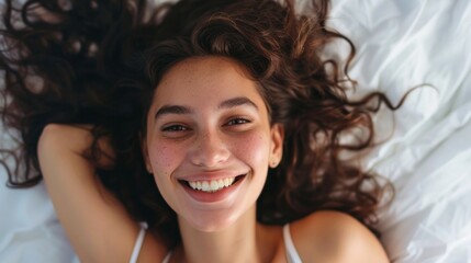 Beautiful young woman is lying on bed, smiling and looking at the camera
